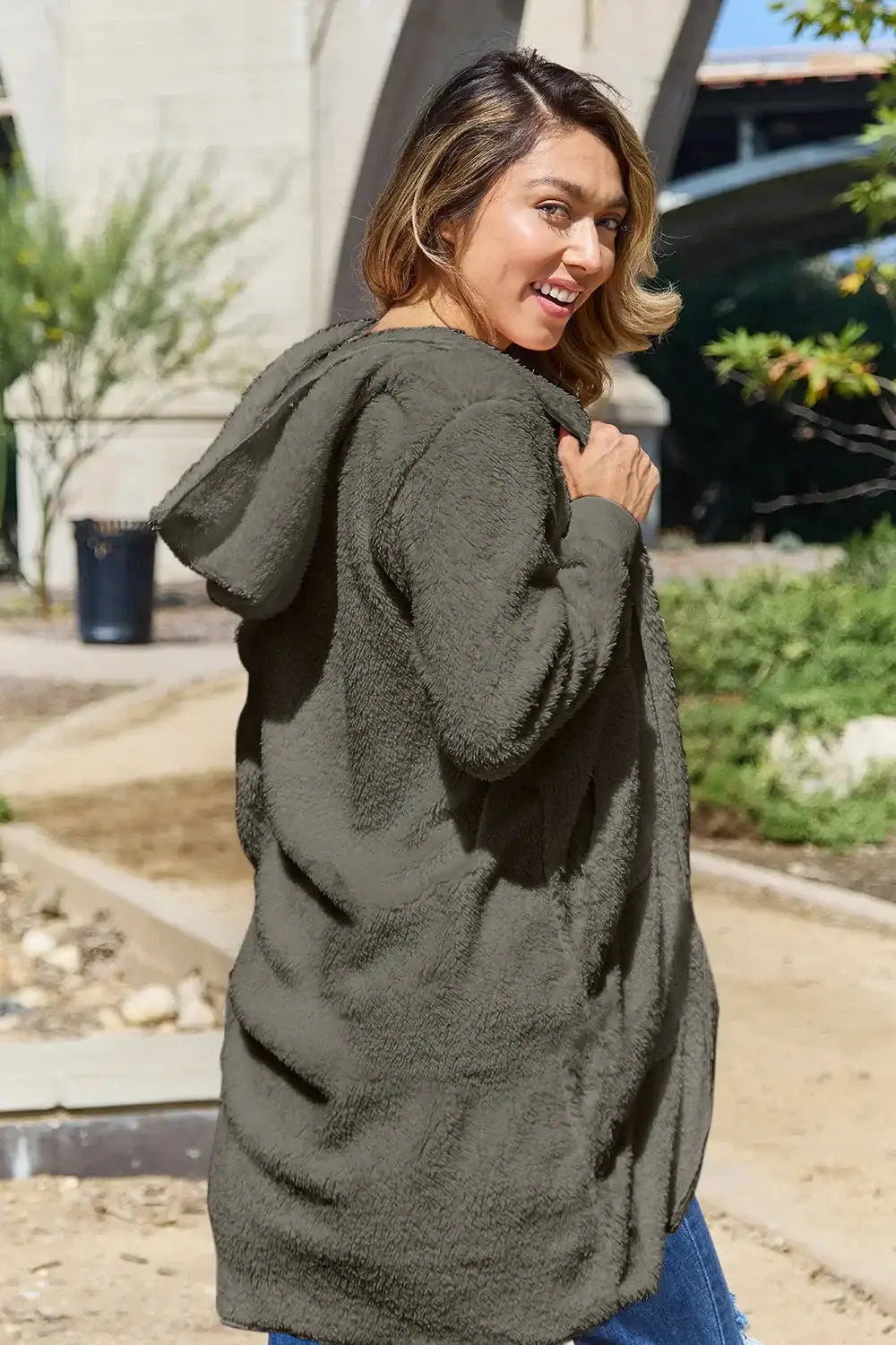 Olive green oversized hooded teddy bear jacket with pockets and thumbholes in fleece