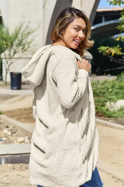 Beige oversized hooded teddy bear jacket with pockets and thumbholes, full size hooded teddy