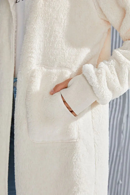 White fluffy hooded teddy bear jacket with pocket detail and gold trim for size hooded teddy