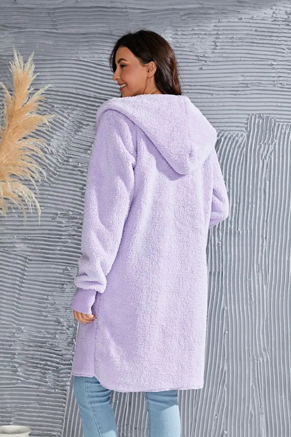Lavender oversized hooded teddy bear jacket with pockets and thumbholes for a cozy look