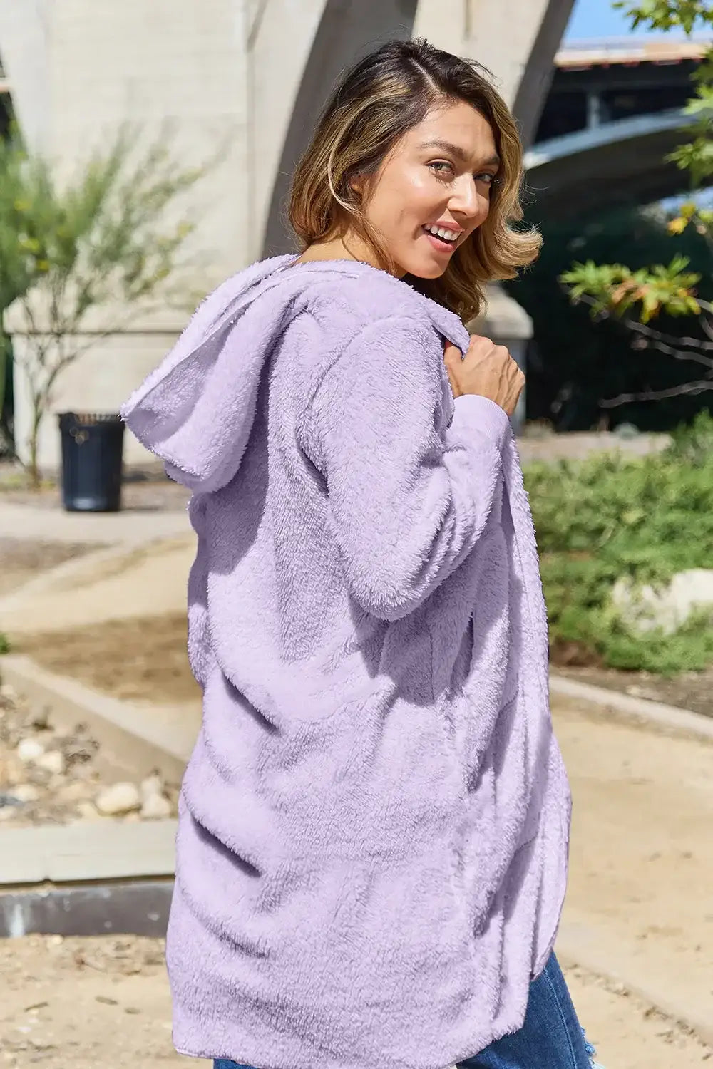 Lavender fuzzy oversized hooded teddy bear jacket with pockets and hood for a cozy look