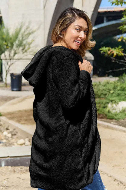 Black plush oversized hoodie with hood and pockets, perfect for the Double Take hooded teddy bear jacket