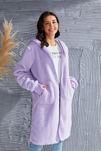 Lavender fluffy oversized hoodie with pockets and hood, perfect as a hooded teddy bear jacket