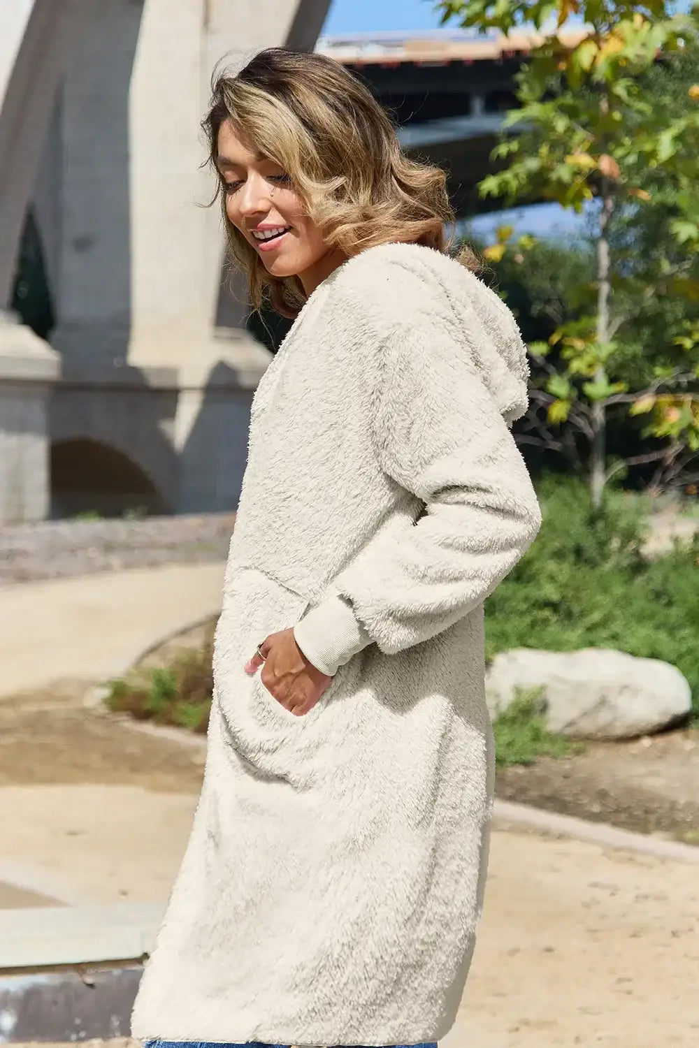 Cream hooded teddy bear jacket with pockets and thumbholes, full size hooded teddy coat