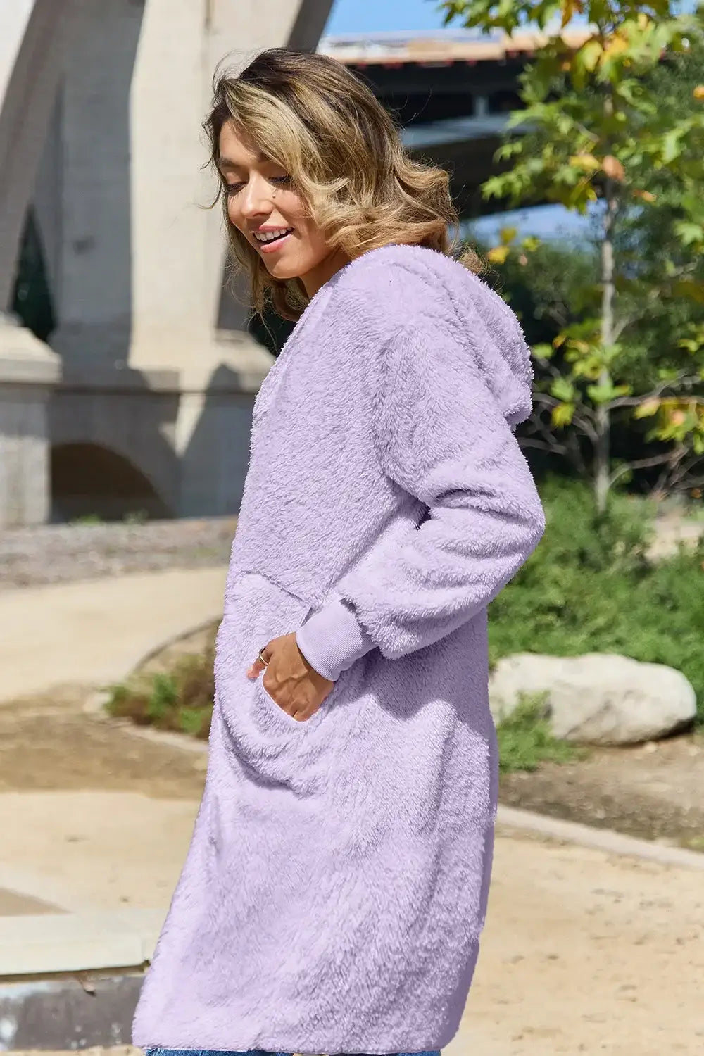 Lavender fuzzy long sleeve hooded teddy bear jacket with pockets and thumbholes