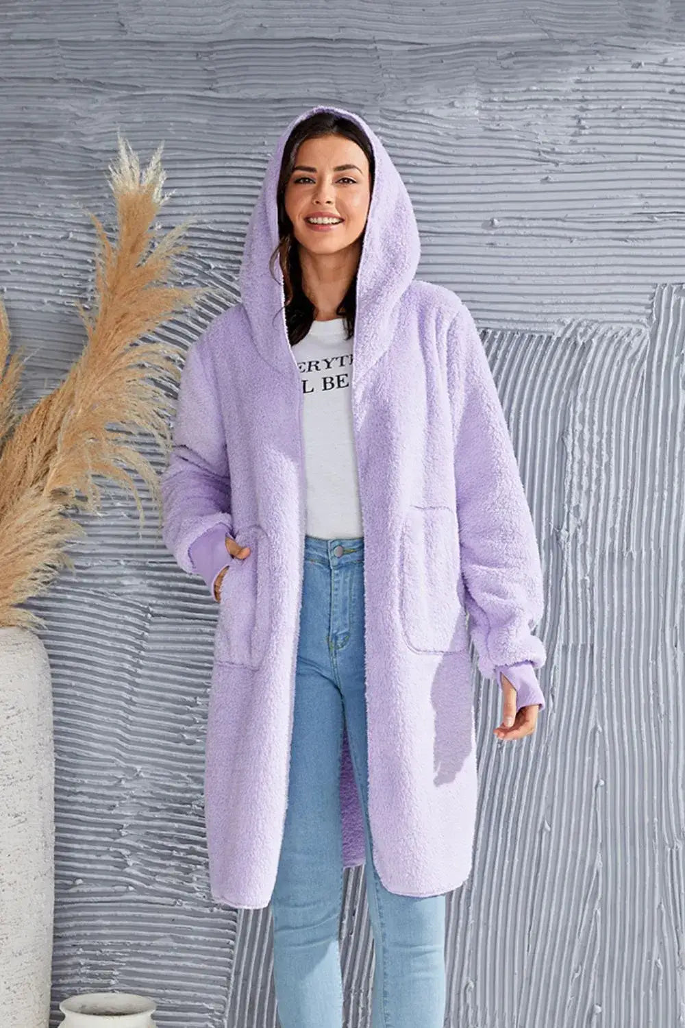 Lavender fluffy oversized hoodie with pockets and drawstrings, perfect as a size hooded teddy bear jacket