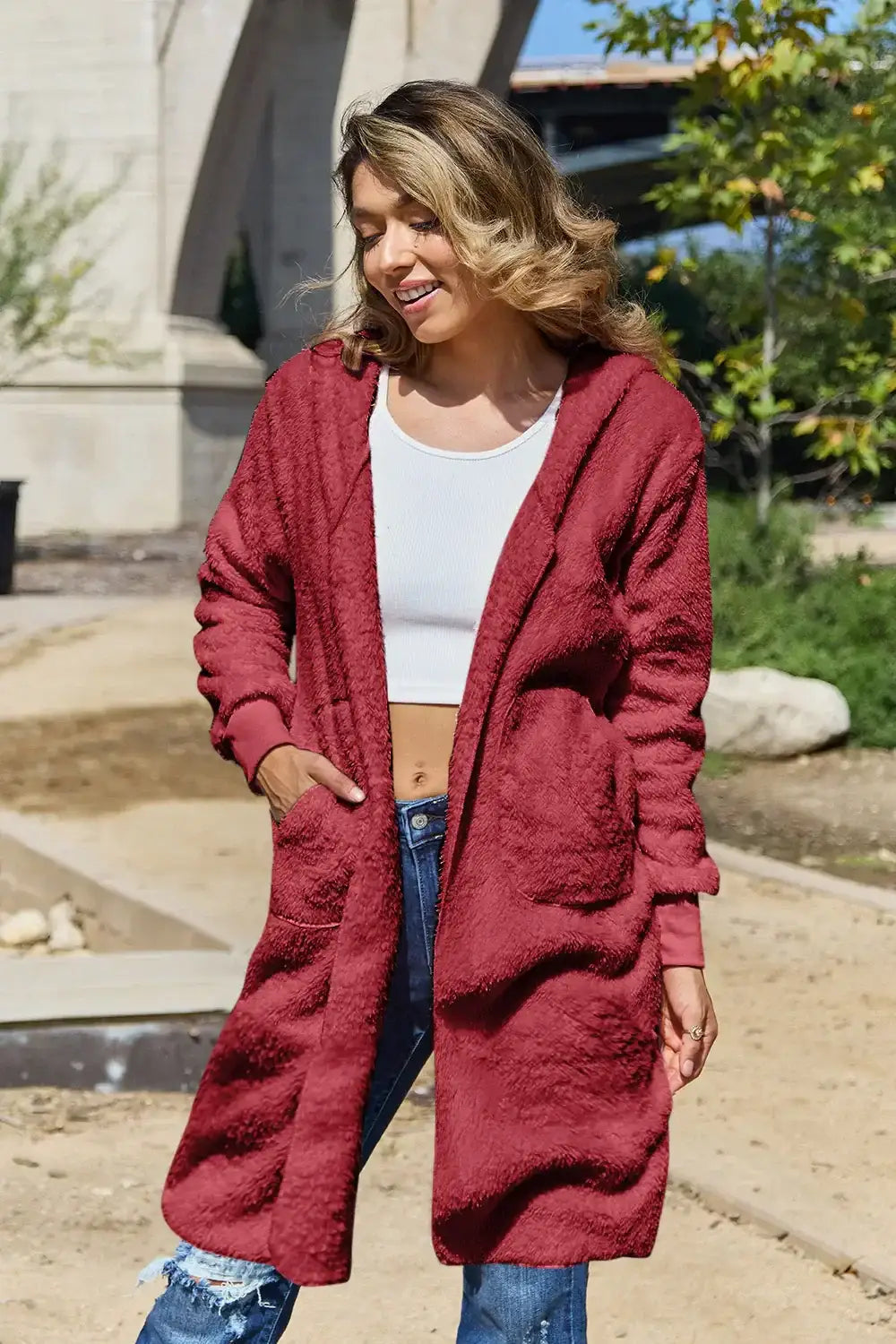 Burgundy plush hooded teddy bear jacket with pockets and ribbed cuffs, casual style