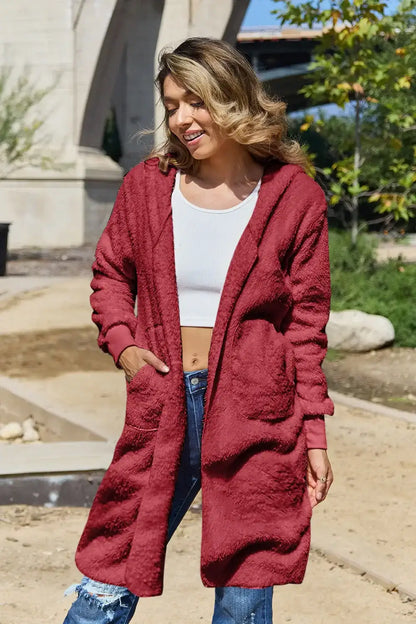 Burgundy plush hooded teddy bear jacket with pockets and ribbed cuffs, casual style