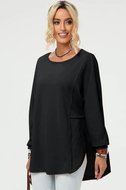 Double Take Full Size Long Sleeve High-Low T-Shirt - Long Sleeve High-Low T-Shirt