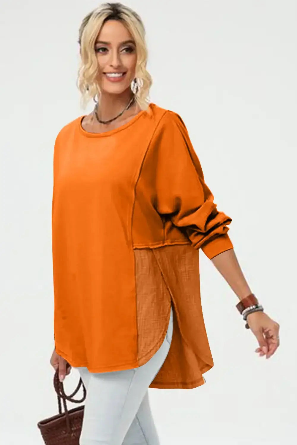 Double Take Full Size Long Sleeve High-Low T-Shirt - Tangerine / S - Long Sleeve High-Low T-Shirt