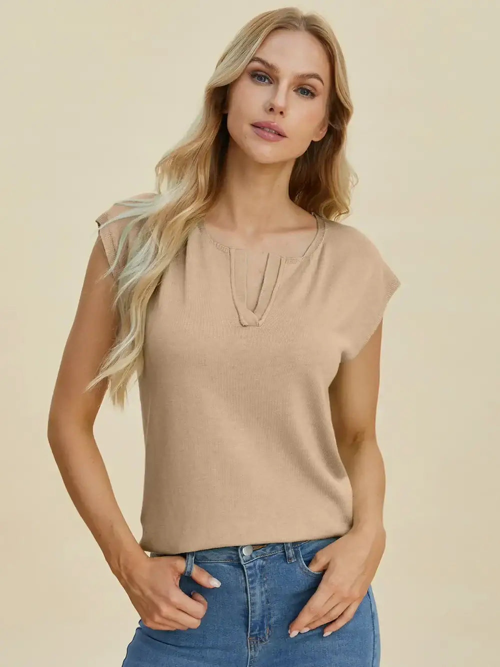 Double Take Full Size Notched Cap Sleeve Knit Top - Cap Sleeve Knit Top