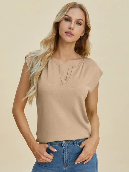 Double Take Full Size Notched Cap Sleeve Knit Top - Cap Sleeve Knit Top