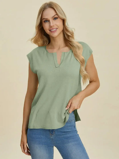 Double Take Full Size Notched Cap Sleeve Knit Top - Cap Sleeve Knit Top