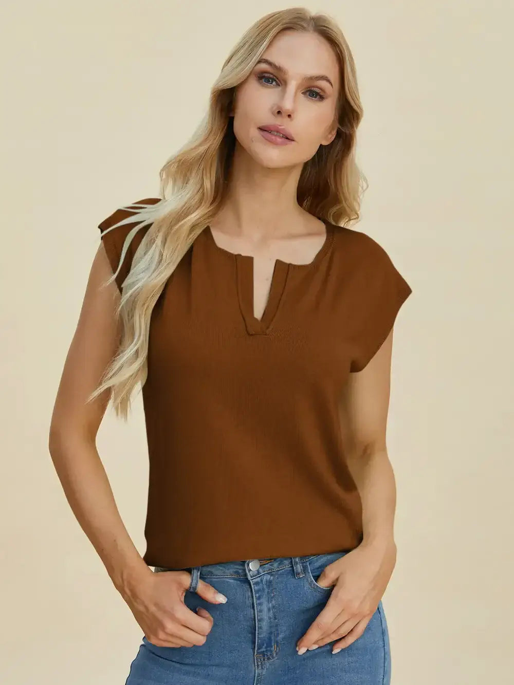 Double Take Full Size Notched Cap Sleeve Knit Top - Cap Sleeve Knit Top