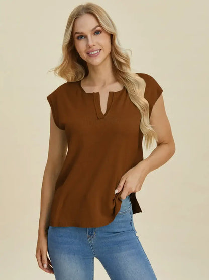 Double Take Full Size Notched Cap Sleeve Knit Top - Caramel / S - Cap Sleeve Knit Top