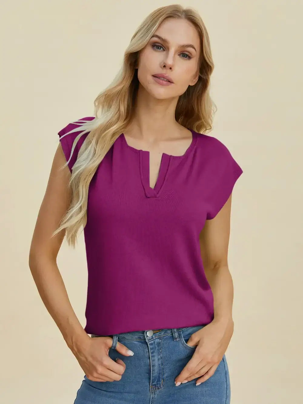 Double Take Full Size Notched Cap Sleeve Knit Top - Deep Purple / S - Cap Sleeve Knit Top