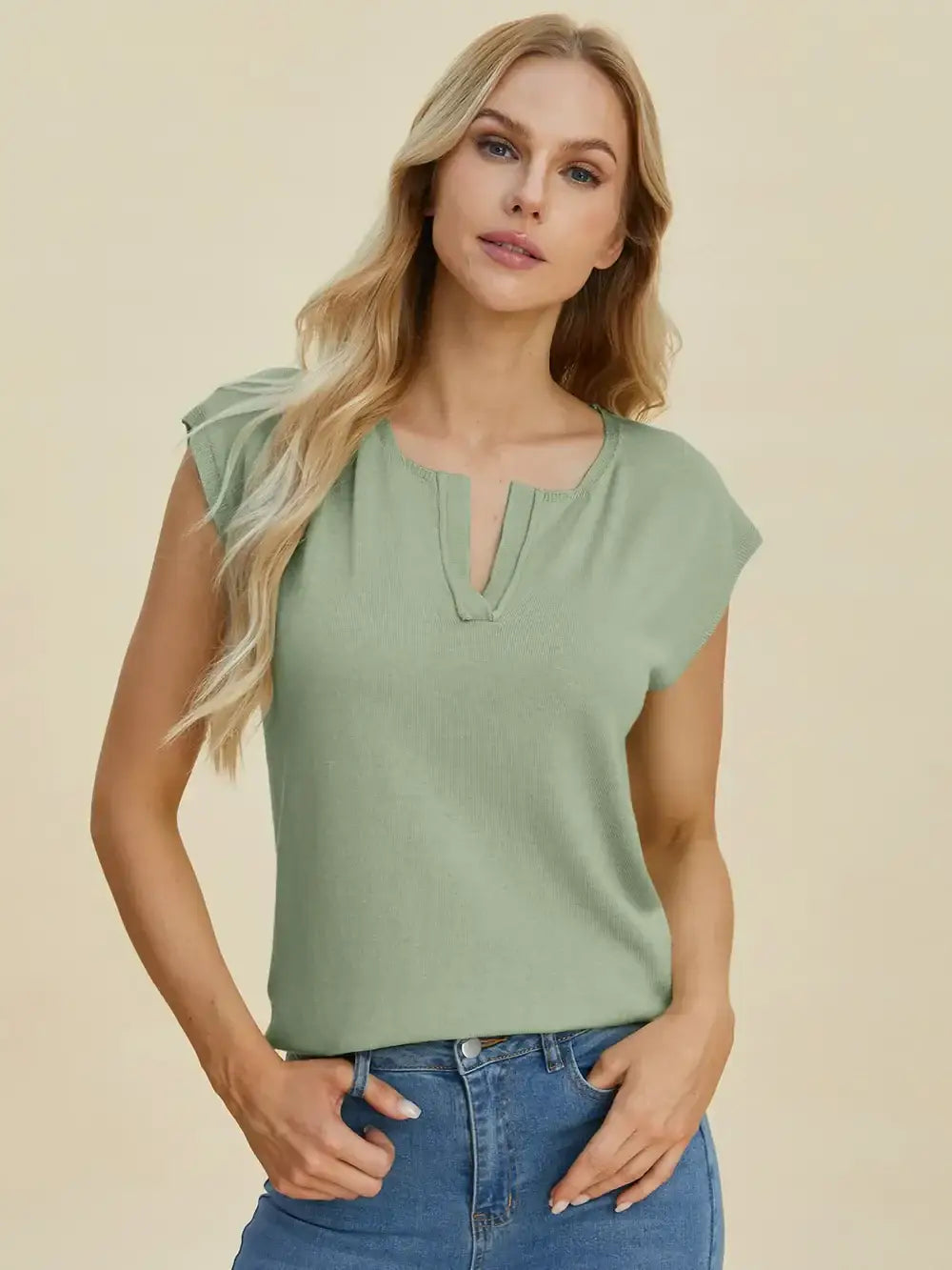 Double Take Full Size Notched Cap Sleeve Knit Top - Sage / S - Cap Sleeve Knit Top