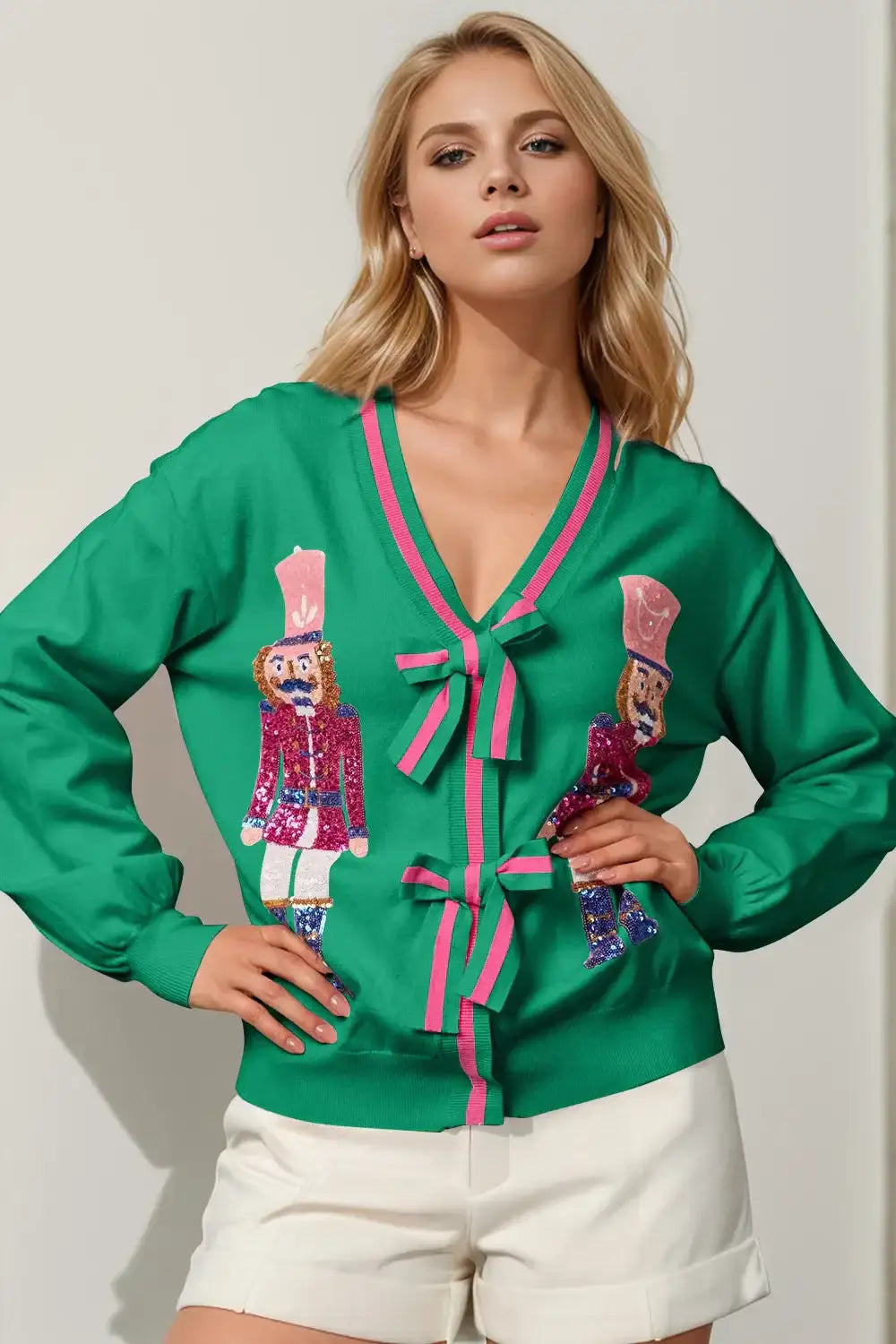 Double Take Full Size Nutcracker Sequin Bow Decor Cardigan - Green / S/M - Apparel & Accessories > Clothing > Shirts &