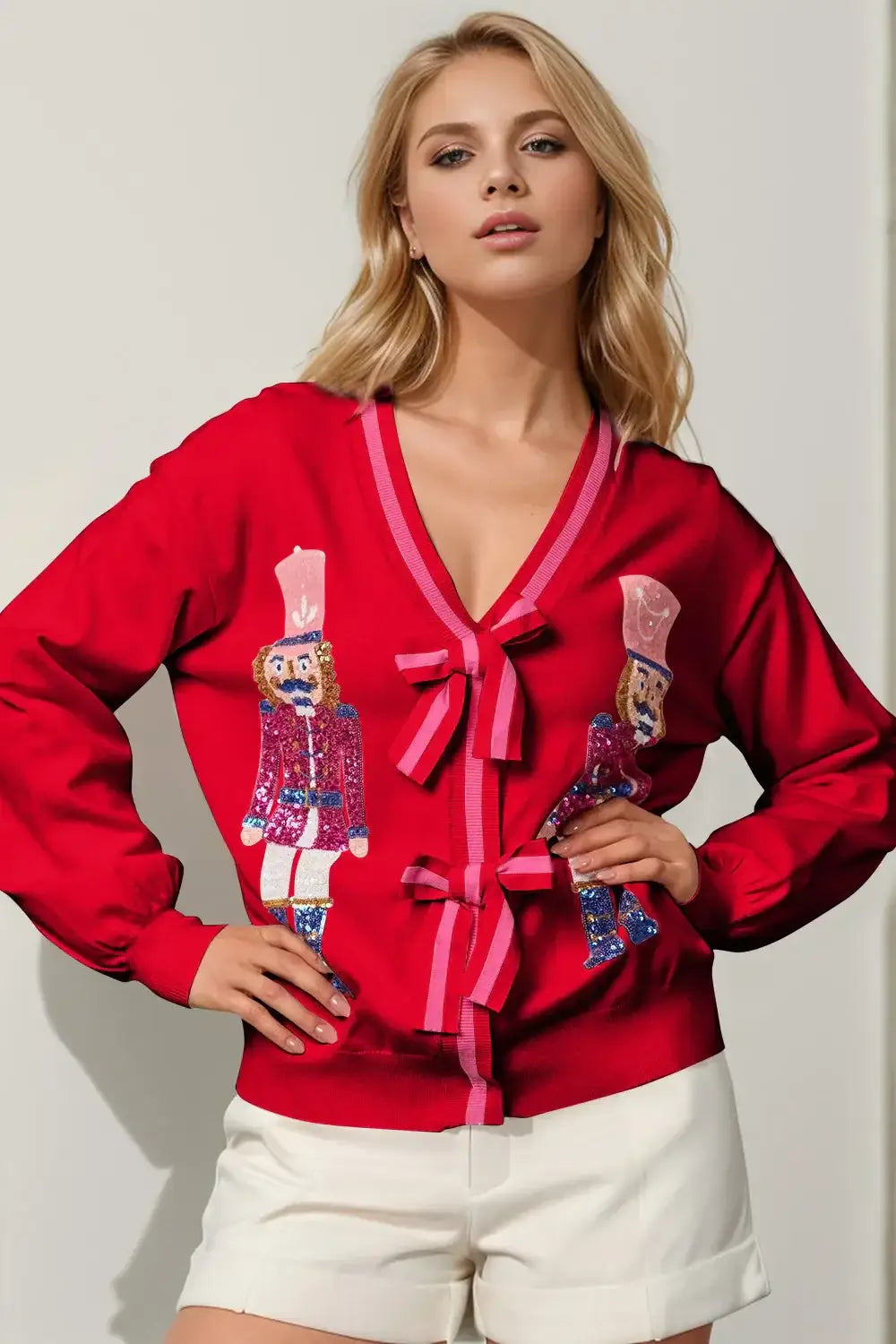 Double Take Full Size Nutcracker Sequin Bow Decor Cardigan - Red / S/M - Apparel & Accessories > Clothing > Shirts &