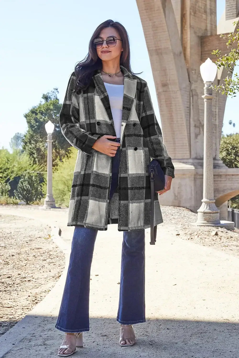 Double Take Full Size Plaid Button Up Lapel Collar Coat - Black / S - Outwears