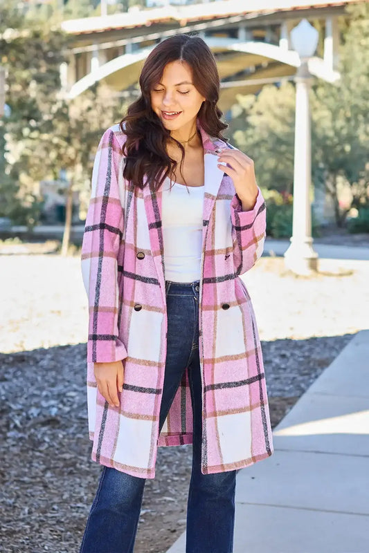 Double Take Full Size Plaid Button Up Lapel Collar Coat - Carnation Pink / S - Outwears