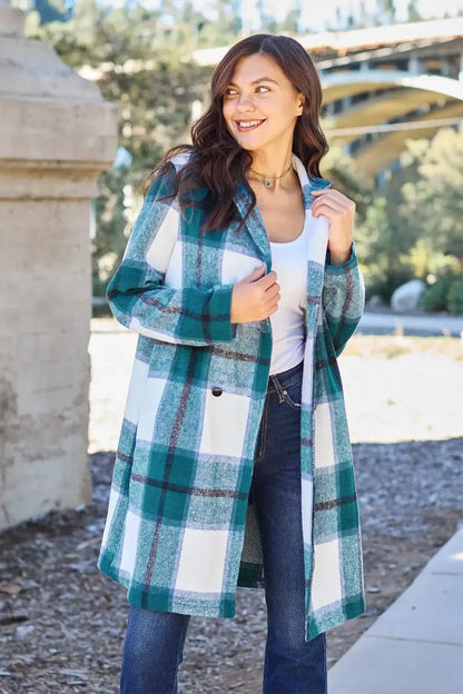 Double Take Full Size Plaid Button Up Lapel Collar Coat - French Blue / S - Outwears