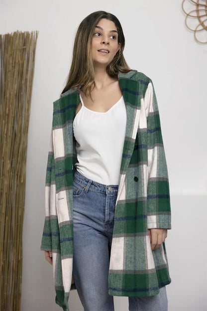 Double Take Full Size Plaid Button Up Lapel Collar Coat - Green / S - Outwears
