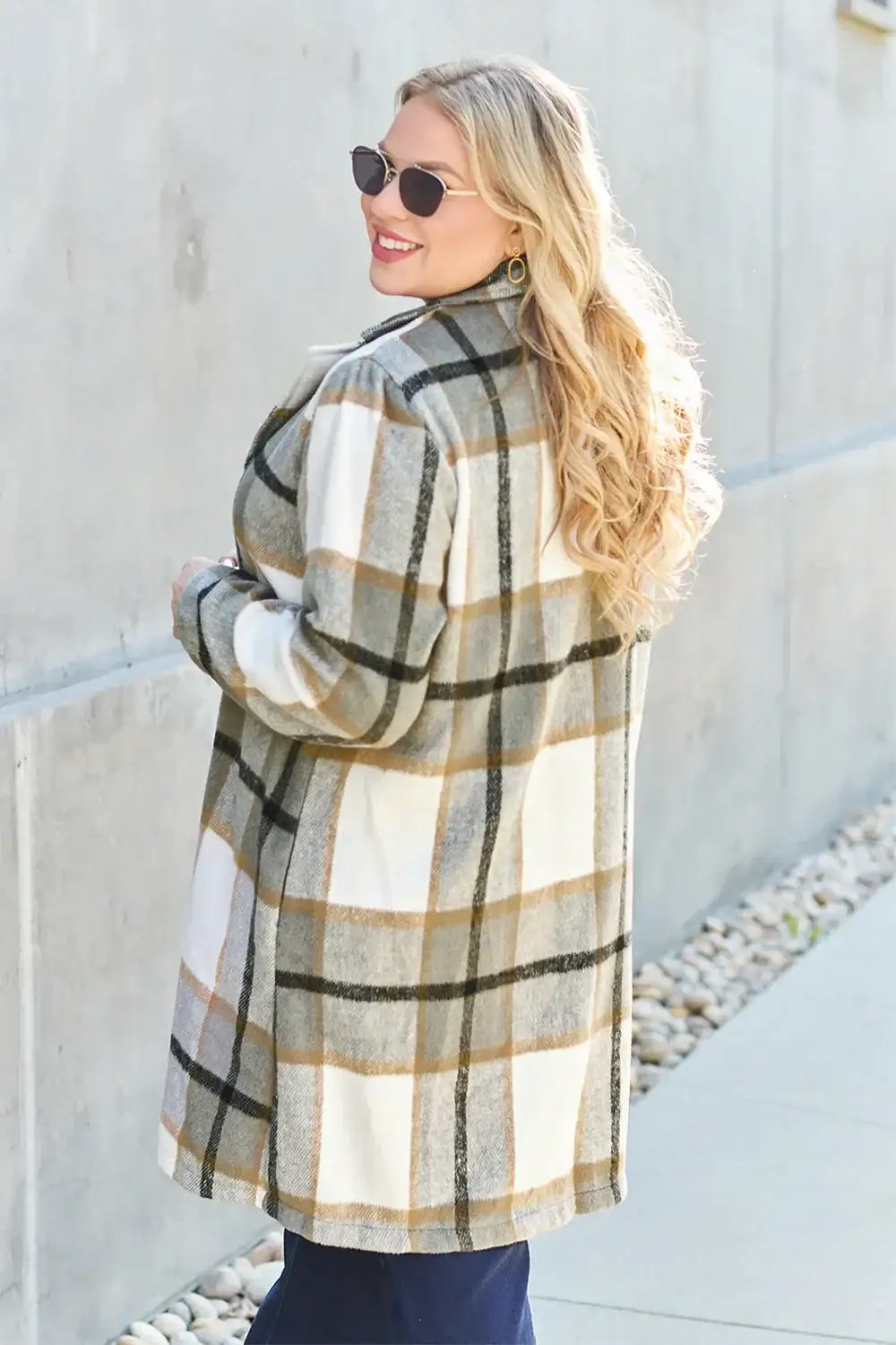 Double Take Full Size Plaid Button Up Lapel Collar Coat - Outwears