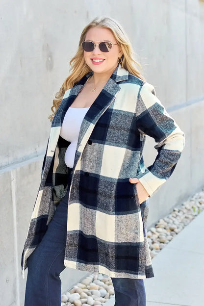 Double Take Full Size Plaid Button Up Lapel Collar Coat - Outwears