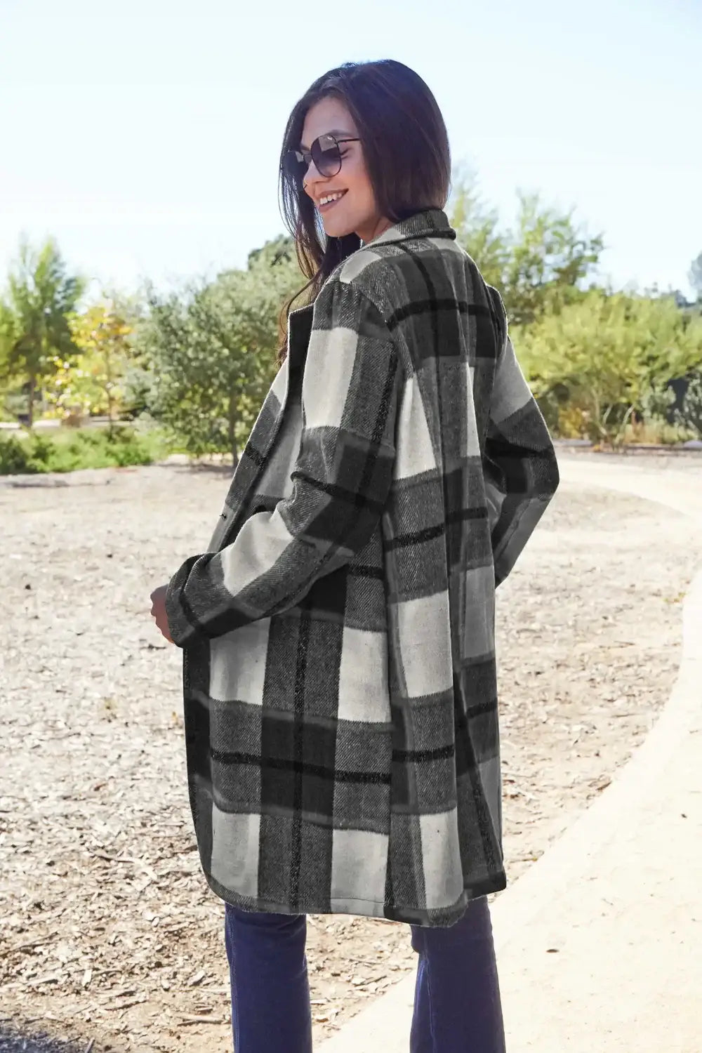 Double Take Full Size Plaid Button Up Lapel Collar Coat - Outwears