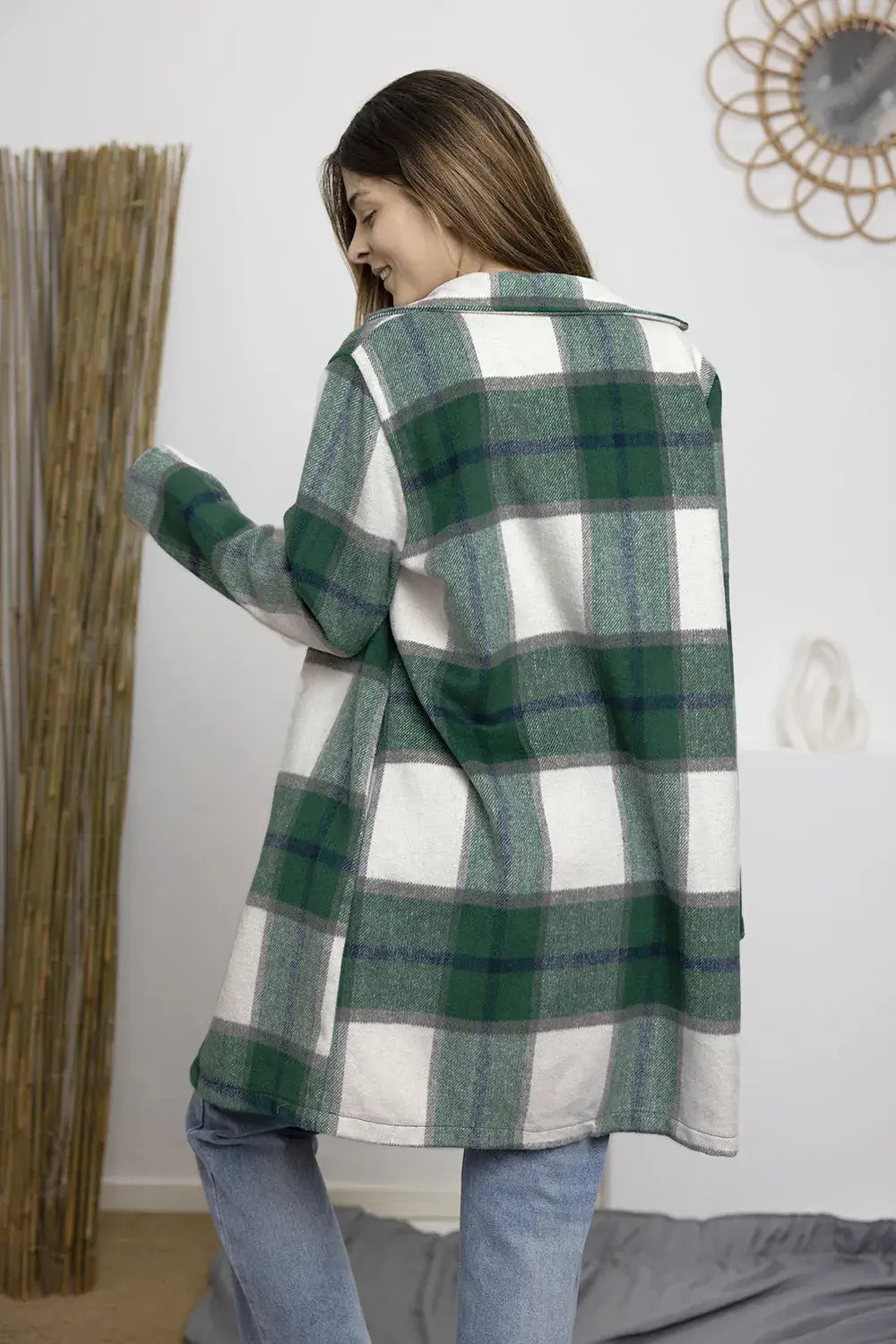 Double Take Full Size Plaid Button Up Lapel Collar Coat - Outwears