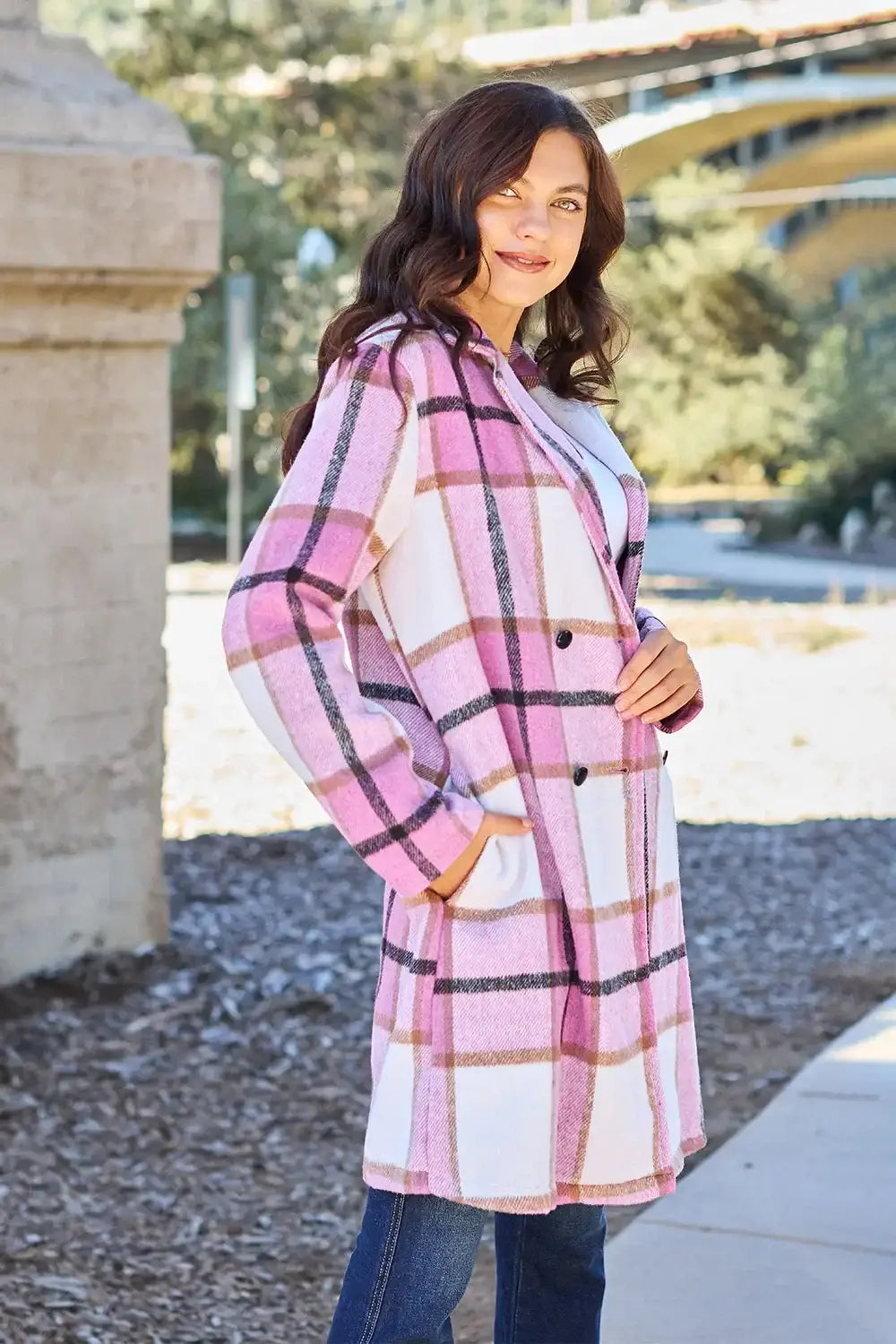 Double Take Full Size Plaid Button Up Lapel Collar Coat - Outwears