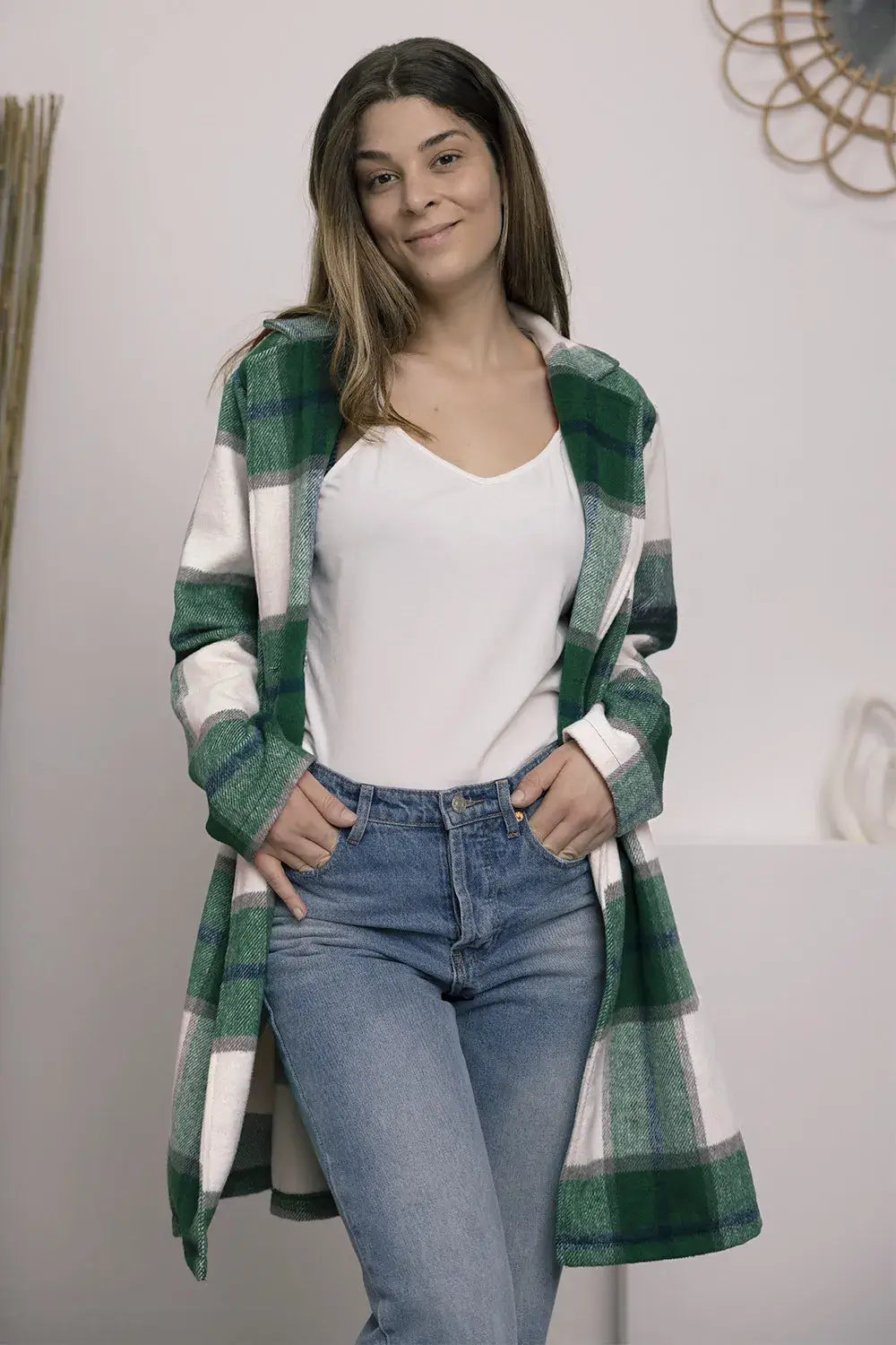 Double Take Full Size Plaid Button Up Lapel Collar Coat - Outwears