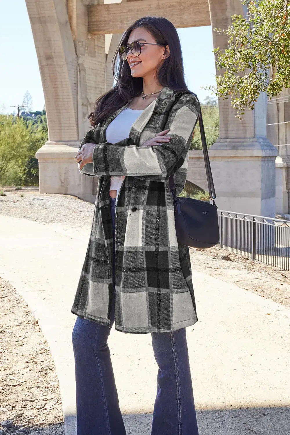 Double Take Full Size Plaid Button Up Lapel Collar Coat - Outwears