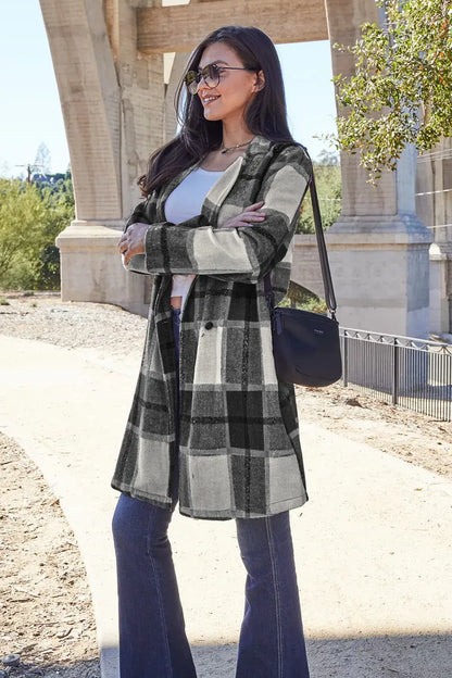 Double Take Full Size Plaid Button Up Lapel Collar Coat - Outwears