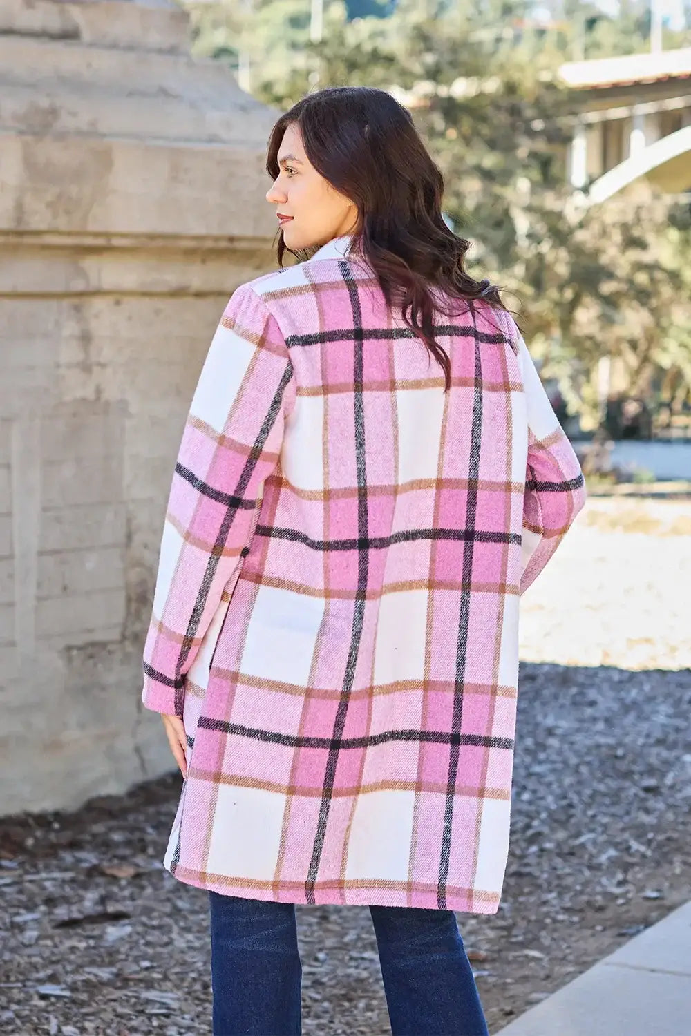 Double Take Full Size Plaid Button Up Lapel Collar Coat - Outwears