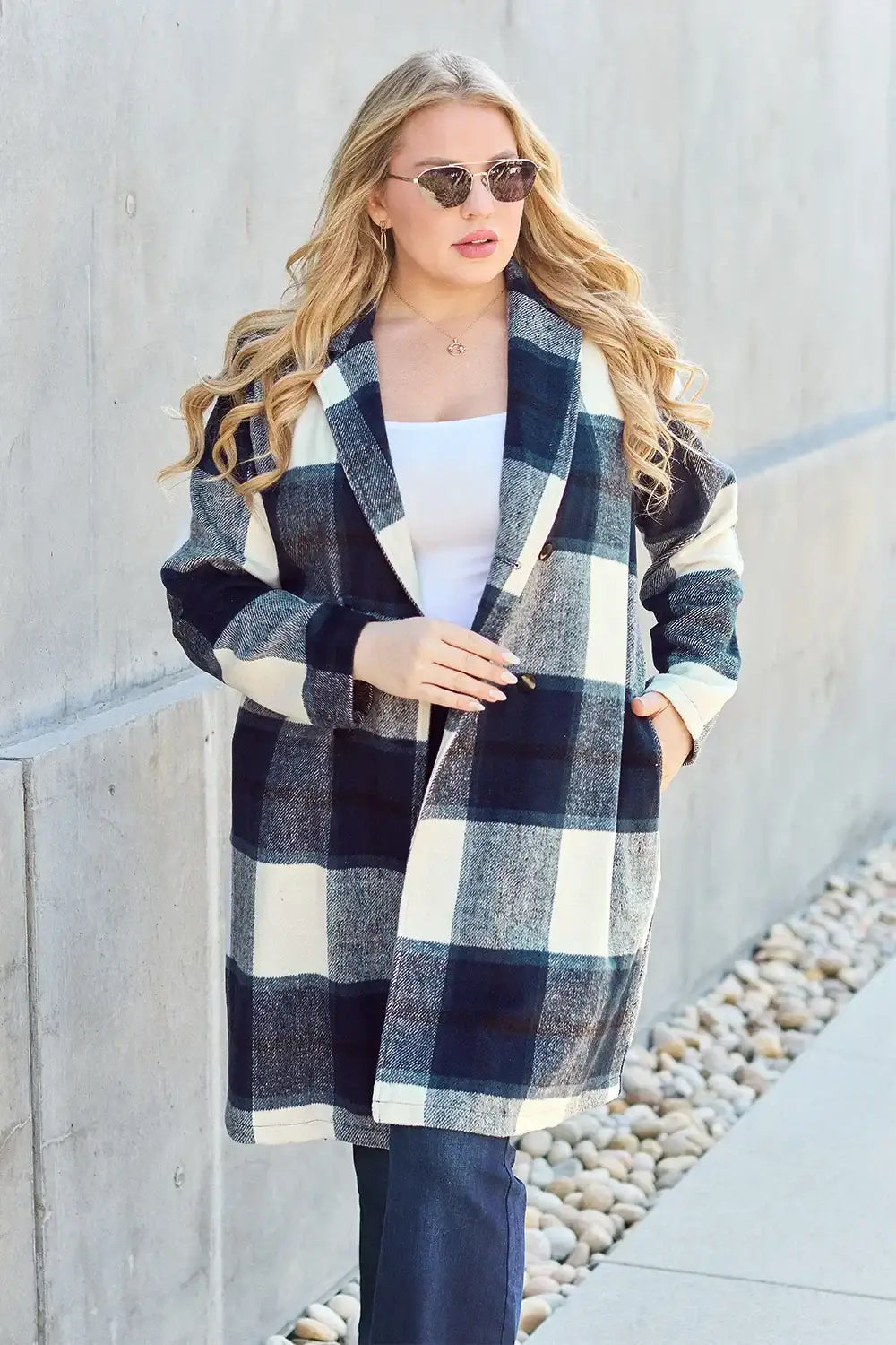 Double Take Full Size Plaid Button Up Lapel Collar Coat - Outwears