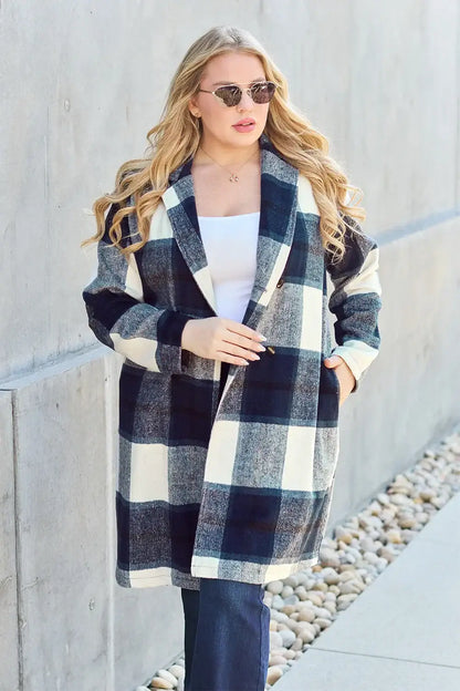 Double Take Full Size Plaid Button Up Lapel Collar Coat - Outwears