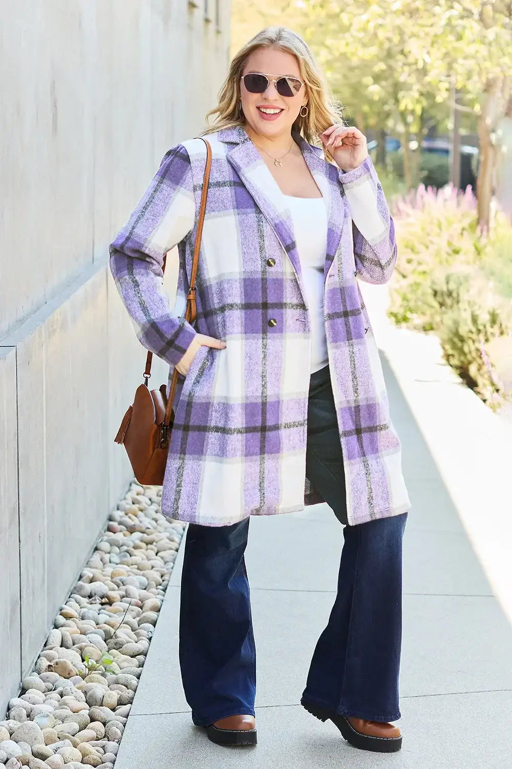 Double Take Full Size Plaid Button Up Lapel Collar Coat - Outwears