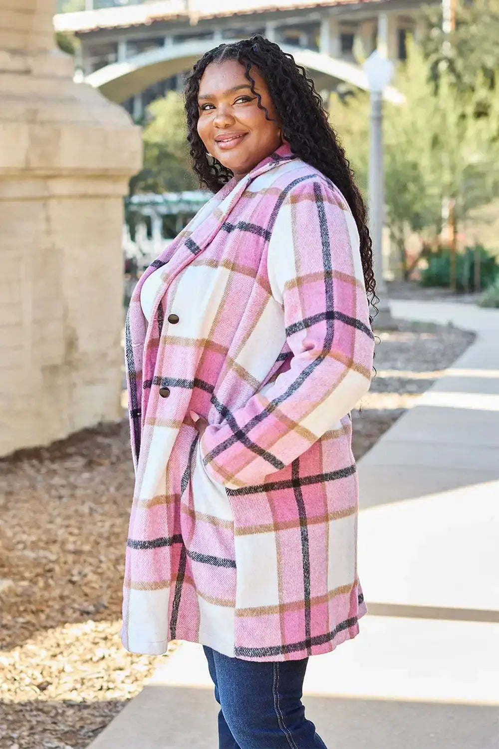 Double Take Full Size Plaid Button Up Lapel Collar Coat - Outwears