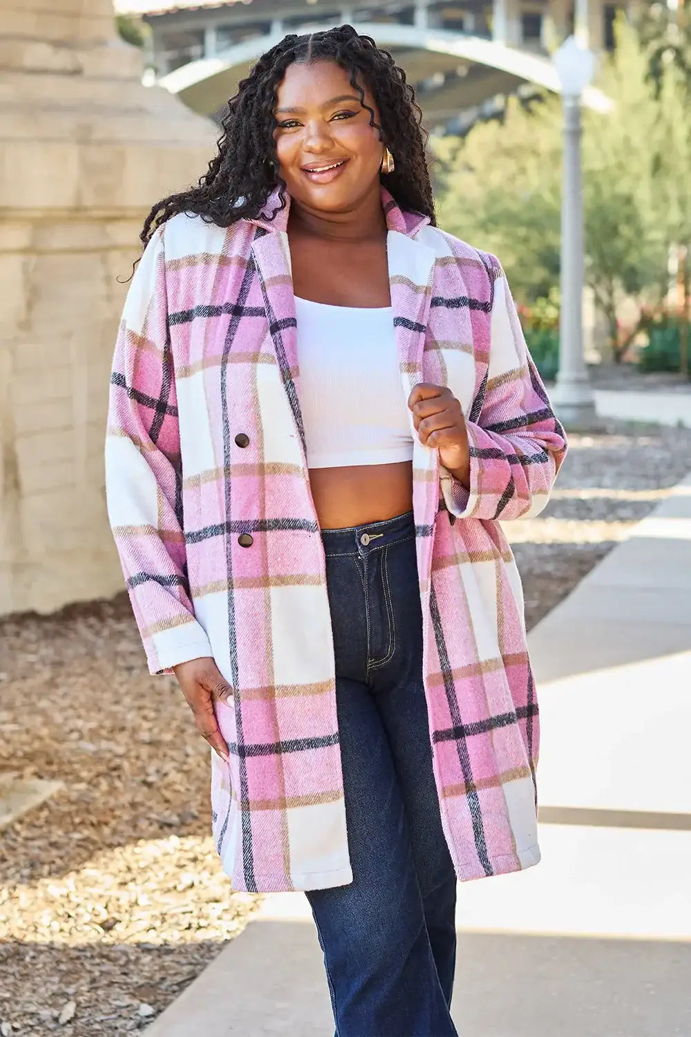 Double Take Full Size Plaid Button Up Lapel Collar Coat - Outwears