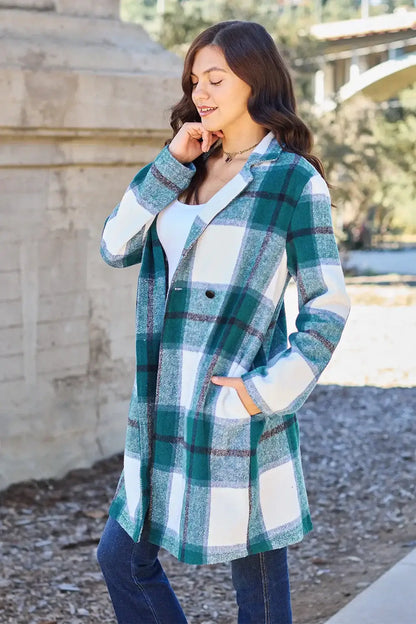 Double Take Full Size Plaid Button Up Lapel Collar Coat - Outwears
