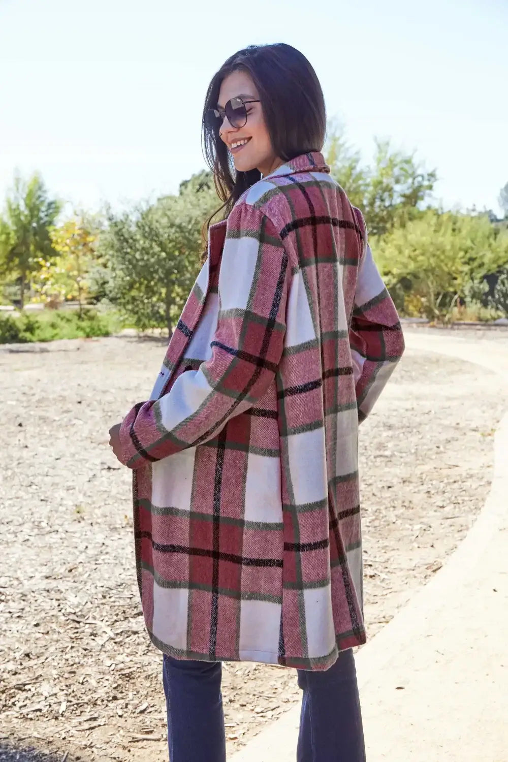 Double Take Full Size Plaid Button Up Lapel Collar Coat - Outwears