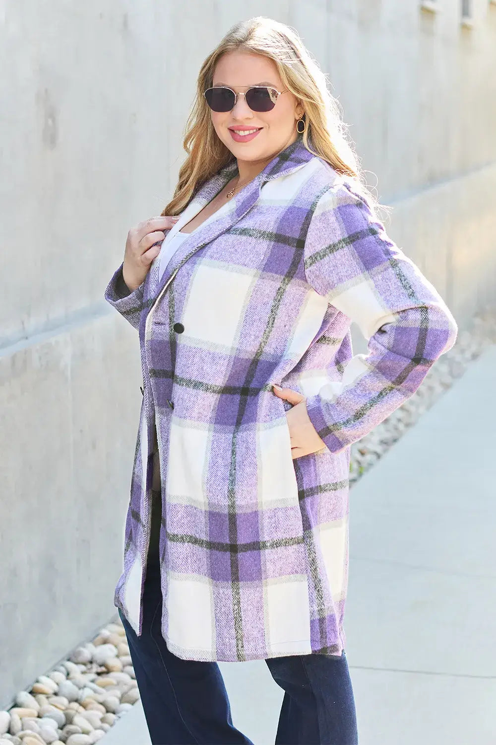 Double Take Full Size Plaid Button Up Lapel Collar Coat - Outwears