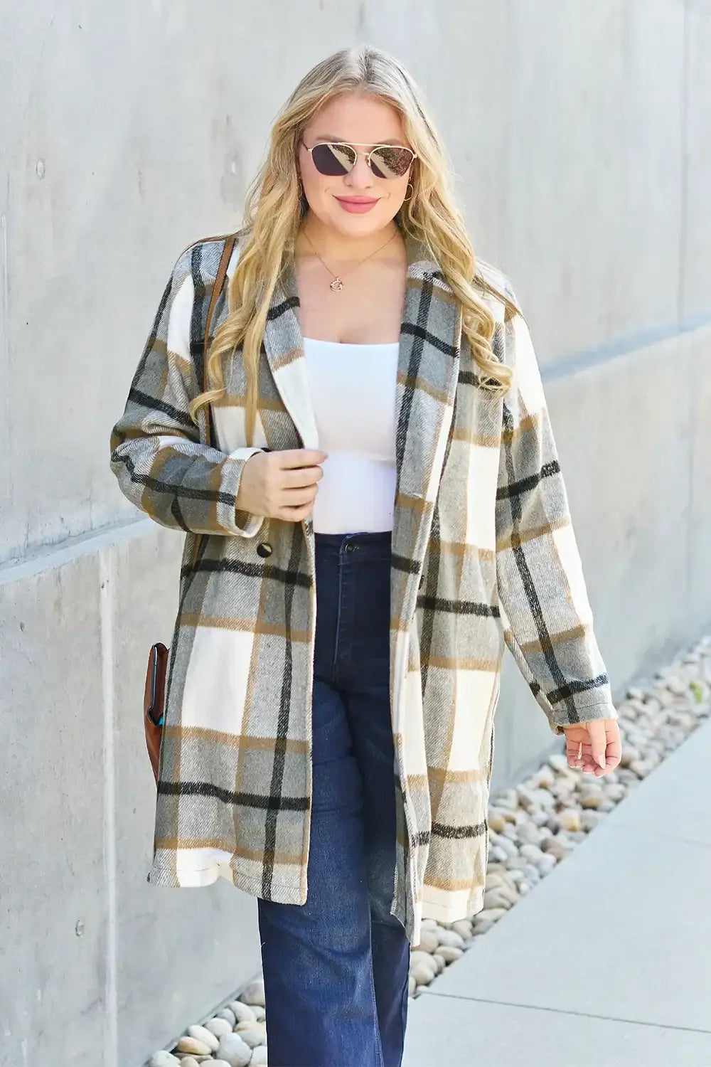 Double Take Full Size Plaid Button Up Lapel Collar Coat - Outwears