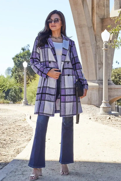 Double Take Full Size Plaid Button Up Lapel Collar Coat - Violet / S - Outwears