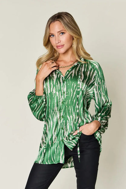 Green tie-dye long sleeve shirt with v-neck, soft fabric, size printed button-up