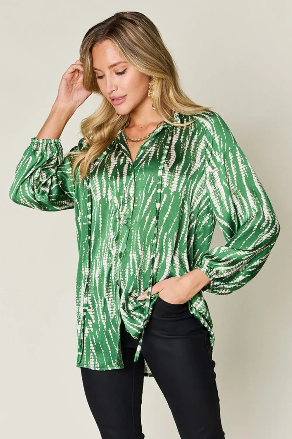 Green sequined long sleeve shirt with printed button-up front for size printed style