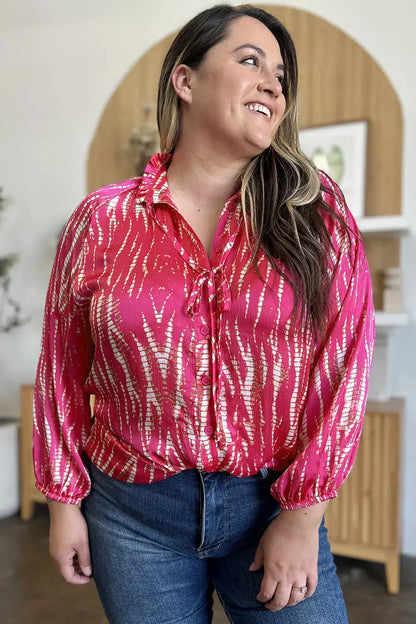 Pink and gold sequined blouse with ruffled neckline, perfect size printed long sleeve shirt