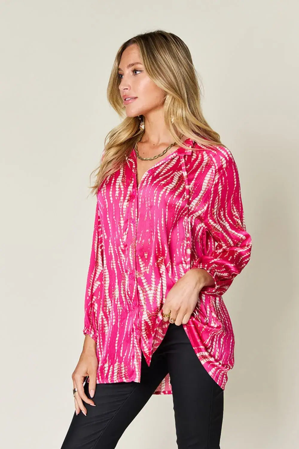 Pink and silver sequined long sleeve shirt with v-neck, double take full size printed button up